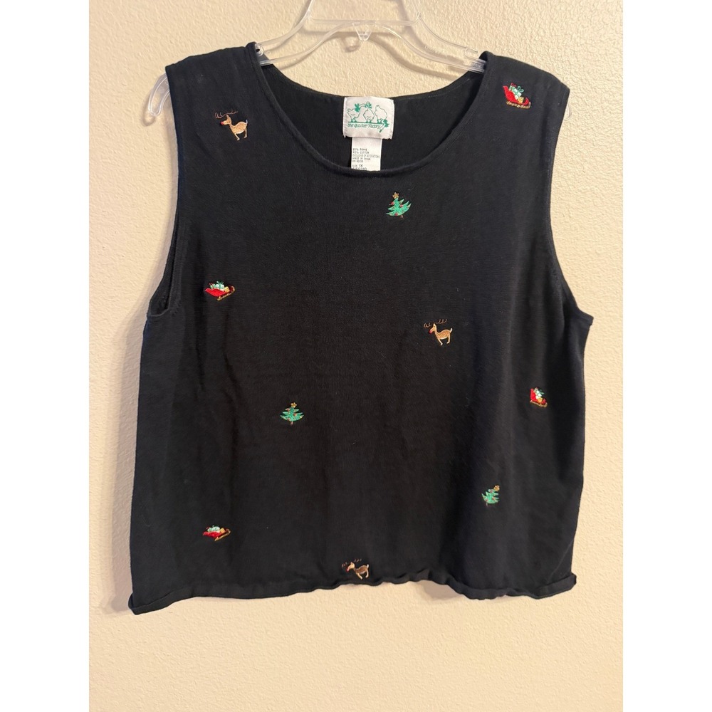 Quacker Factory Womens 1X Black Christmas Embroidered Knit Sweater Vest A59310